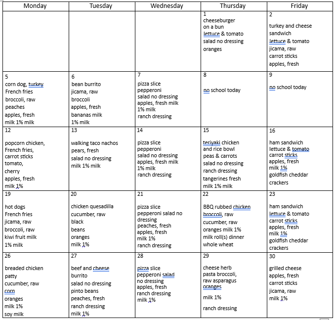October Lunch Menu